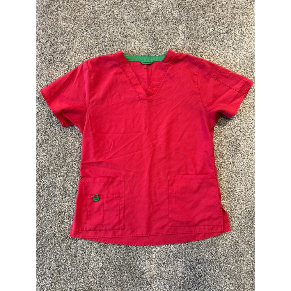 Carhartt Scrub Top Womens Medium Red Force V-Neck Short Sleeve Pockets D-Ring *